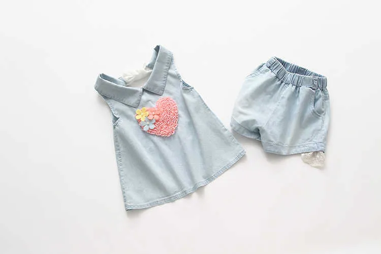 Girls Clothes Summer 2-10 Years Old Kids Embroidery Lovely Flower Heart Vest T Shirt+Shorts Lace Denim Blue 2 Piece Sets (11)