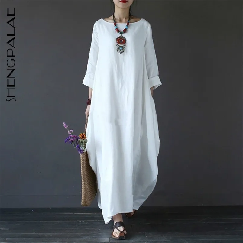Autumn Plus Dresses Women 4xl 5xl Loose large Size O-neck White Boho Dress Long Sleeve Maxi Robe FB171 210427
