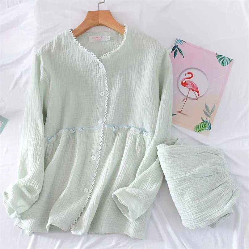 Style japonais printemps et automne dames pyjamas ensemble coton crêpe pantalon à manches longues service à domicile costume pyjamas pour femmes 211112