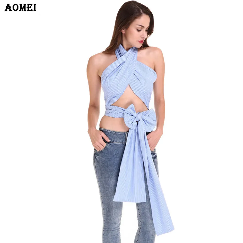 Femmes de l'épaule écharpe culture avec noeud papillon bleu rayé vêtements chemisier hauts S M L XL XXL mode Blusas chemises tissu 210416