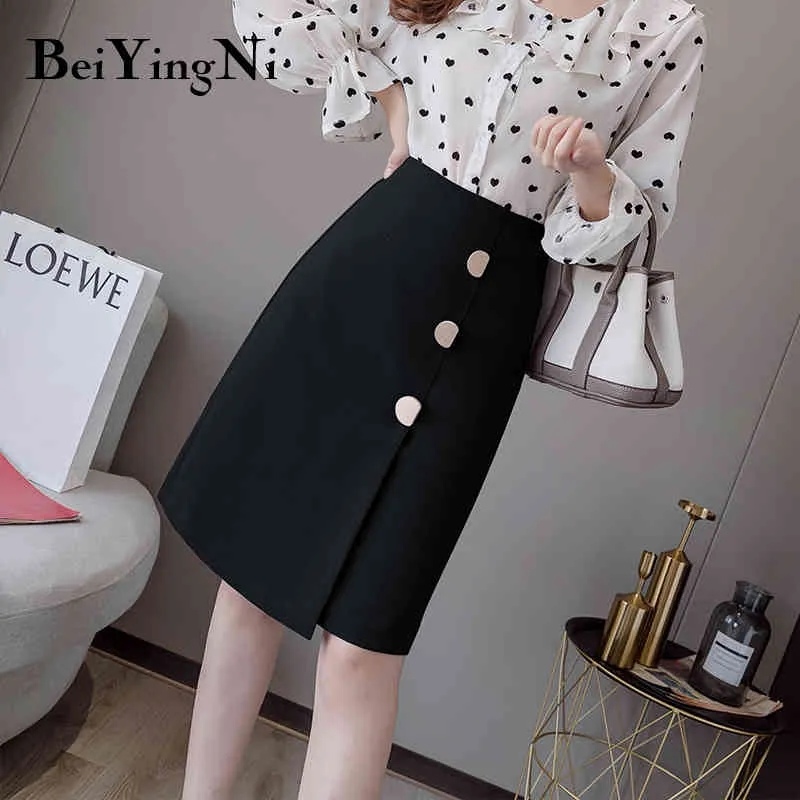 Beiyingni Vintage Office Ladies Faldas Botones Una línea Hasta la rodilla Falda elegante Mujeres Cintura alta Jupe Femme Split Bottoms 210416