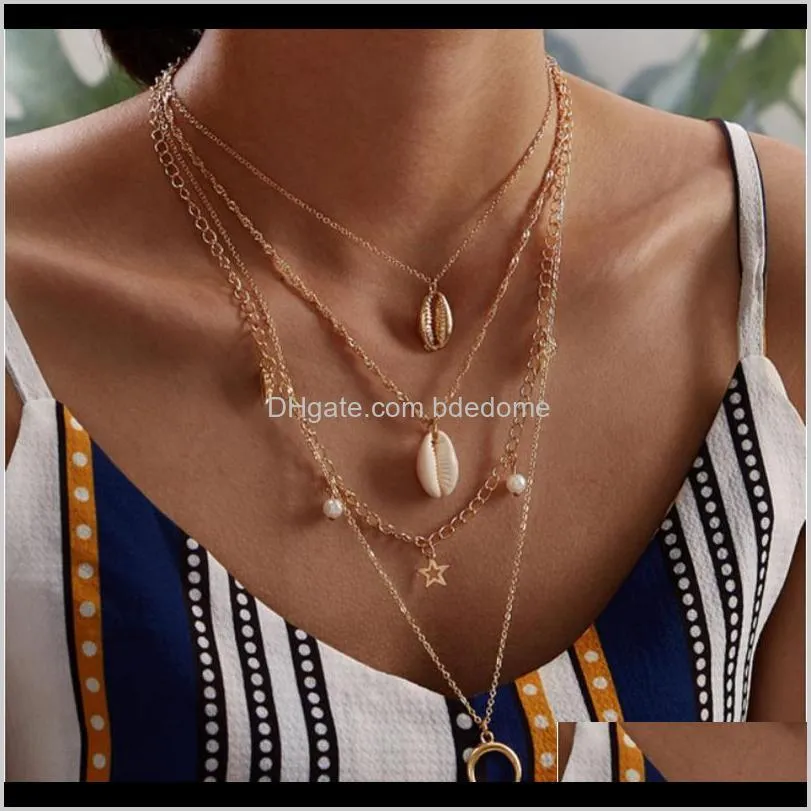 four layers necklace alloy natural shell conch swing star moon plastic white pearl pendant gold color plated metal o chain