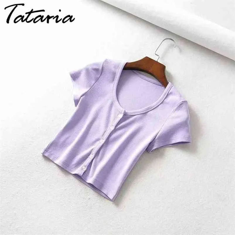 T-shirt femme tricot été simple boutonnage manteau court manches solides t-shirts maigres femme 210514