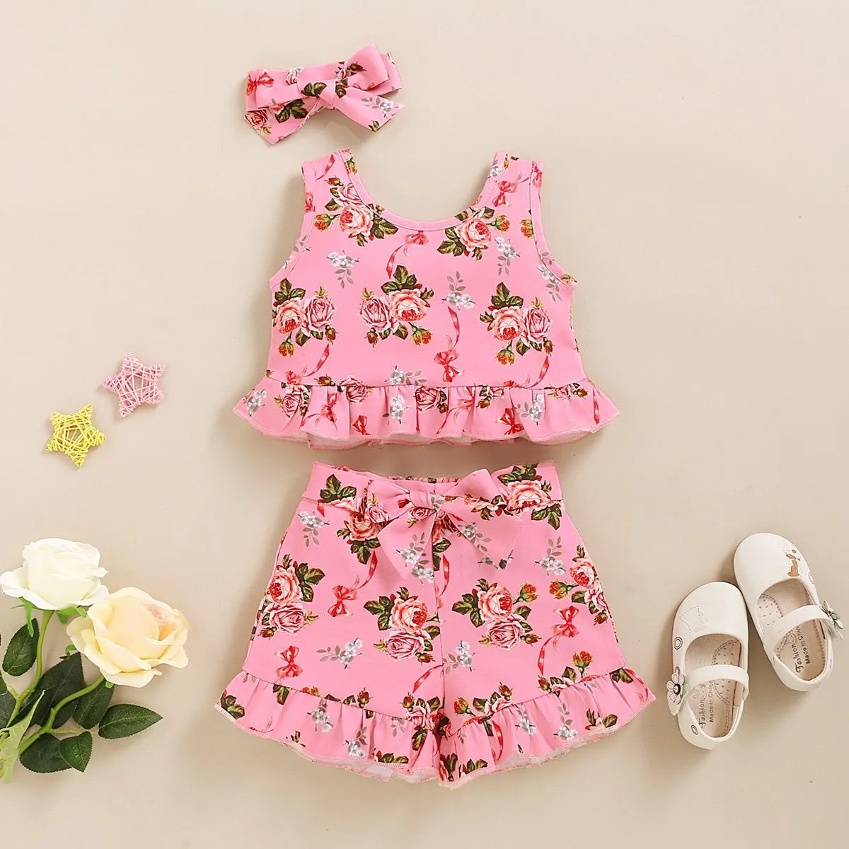 2021 Newborn Baby Girl Clothes Sets Summre Infant Toddler Kids Clothing Set Sleeveless Tops+Shorts+Headband 3PCS Floral Print Outfit 0-18M