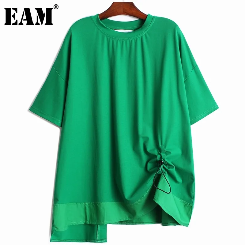 [eam] 여성 화이트 큰 사이즈 캐주얼 불규칙한 Spliced ​​Ruched T 셔츠 라운드 넥 짧은 소매 패션 봄 여름 1DD8441 21512