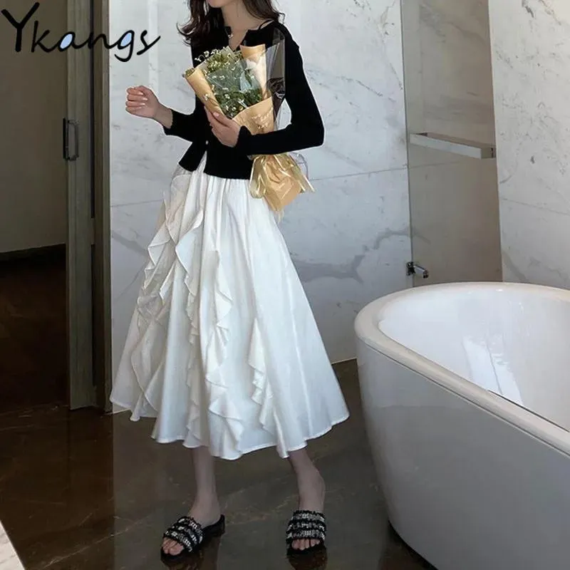 Jupes Blanc À Volants Taille Haute Jupe Plissée Femmes Noir Élégant Chic Midi Long Saia D'été Ins Sauvage A-ligne Streetwear Pour Les Adolescents