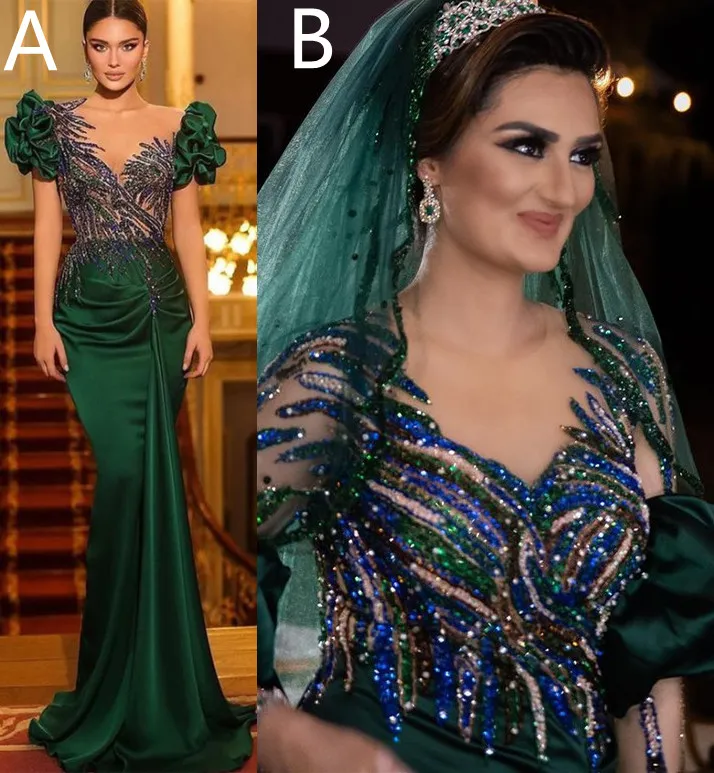 2022 плюс размер арабский арабский ASO EBI темно-зеленый русалка выпускные платья ярусные шеи с бисером блестки вечернее вечернее вечеринка второе приема рождения платья платье ZJ670