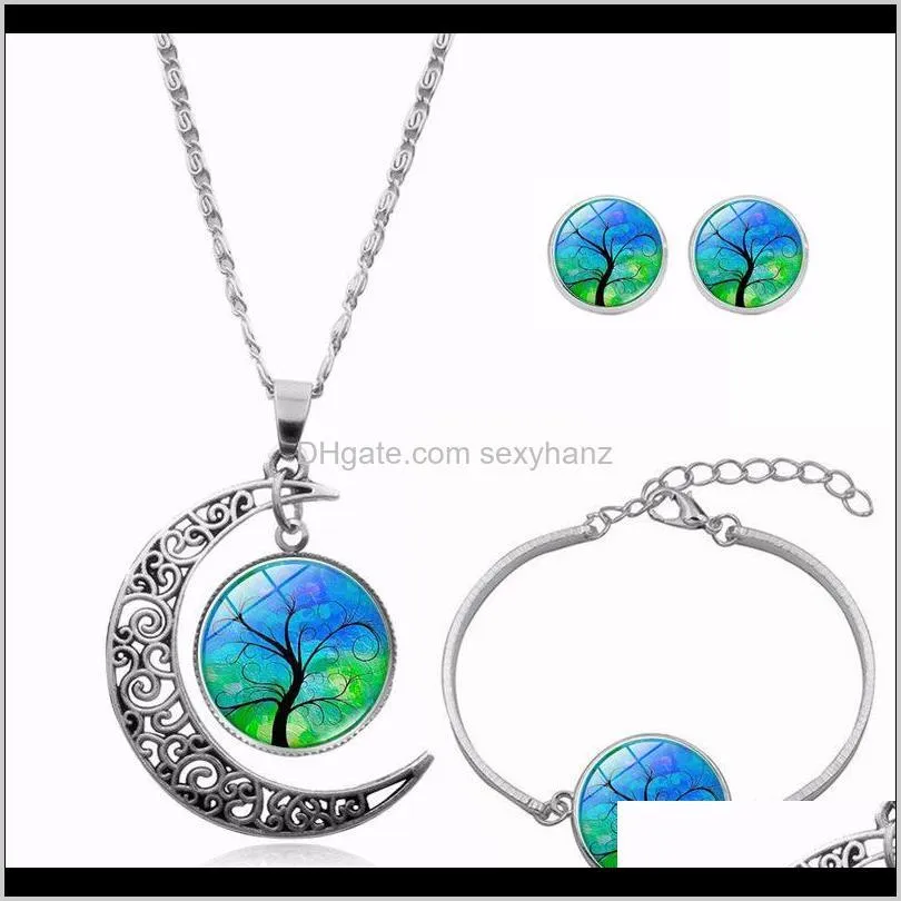 tree of life necklace bracelet stud earrings jewelry sets glass cabochon necklace chains fashion jewelry for women kids ship
