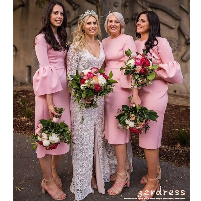Pink Bridesmaid Dresses Sexy Long Puffy Sleeves Sheath Satin Pleated Wedding Guest Gowns With Zipper Party Dress