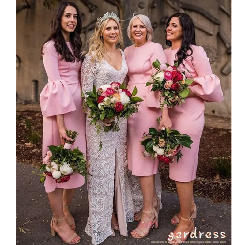 Robes de demoiselle d'honneur rose, Sexy, manches longues bouffantes, gaine en Satin plissé, robes d'invitées de mariage avec fermeture éclair, robe de soirée