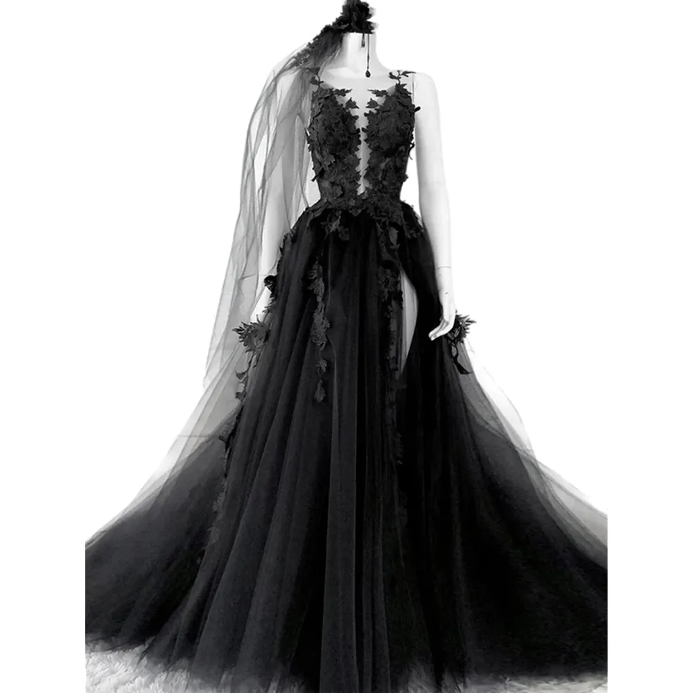 Elegante Abito Da Sposa A Forma Di Pizzo Nero Gotico Design Sexy
