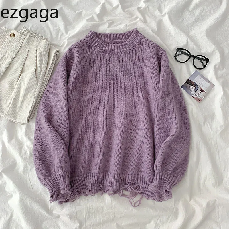 Ezgaga Delik Kazak Jumper Kadınlar Sonbahar Kış Kore O-Boyun Katı Kırık Boy Bayanlar Örme Moda Kazak 210430 Tops