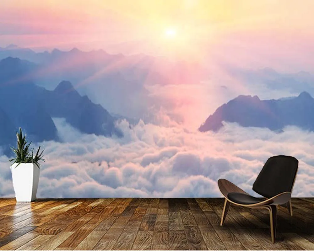 Fondos de pantalla Papel de parede Montaña Luz del sol Nubes Paisaje natural Papel tapiz 3D Mural, Sala de estar TV Pared Dormitorio Papeles Decoración para el hogar