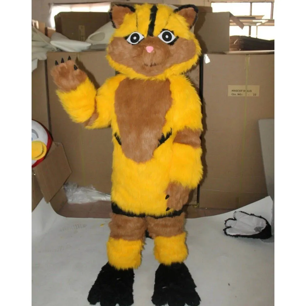 Halloween amarillo peludo gato mascota traje de la mascota de alta calidad de felpa animal anime carácter carácter adulto talla navideño carnaval elegante vestido de lujo