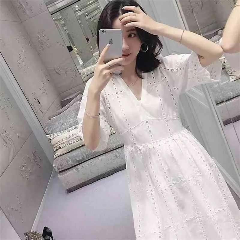Elegant Cotton Lace Lace Party Dress for Women - HMA New Fashion, Short Sleeve, Plus size, Summer Vestidos (210409)