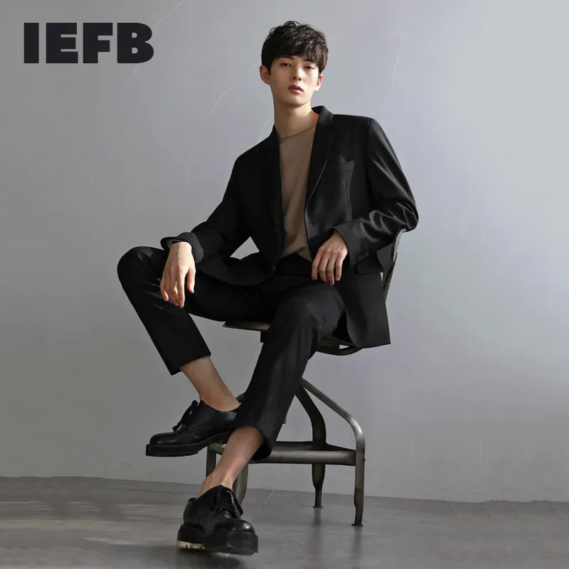 IEFB Mäns Suit British Style Casual Blazer Jacket Korean Fashion Slim Formal Coat Singel Bröst Stilig Svart Kläder 9Y4257 210524