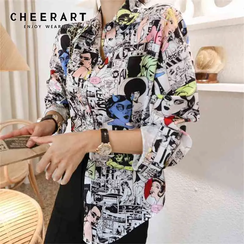 Graffiti Print Cartoon Womens Tops And Blouses Long Sleeve Collared Shirt Ladies Fall Streetwear 210427