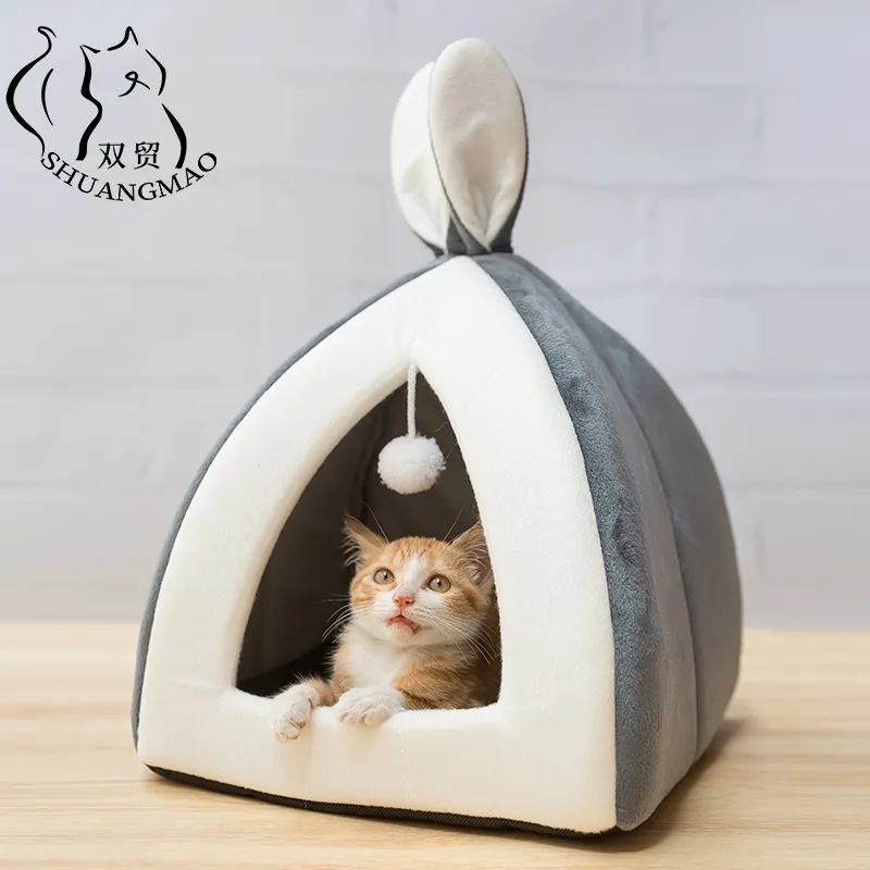 SHUANGMAO Pet Cat Bed Indoor Kitten House Warm Small for Dogs Nest Collapsible Cats Cave Cute Sleeping Mats Winter Products 210722