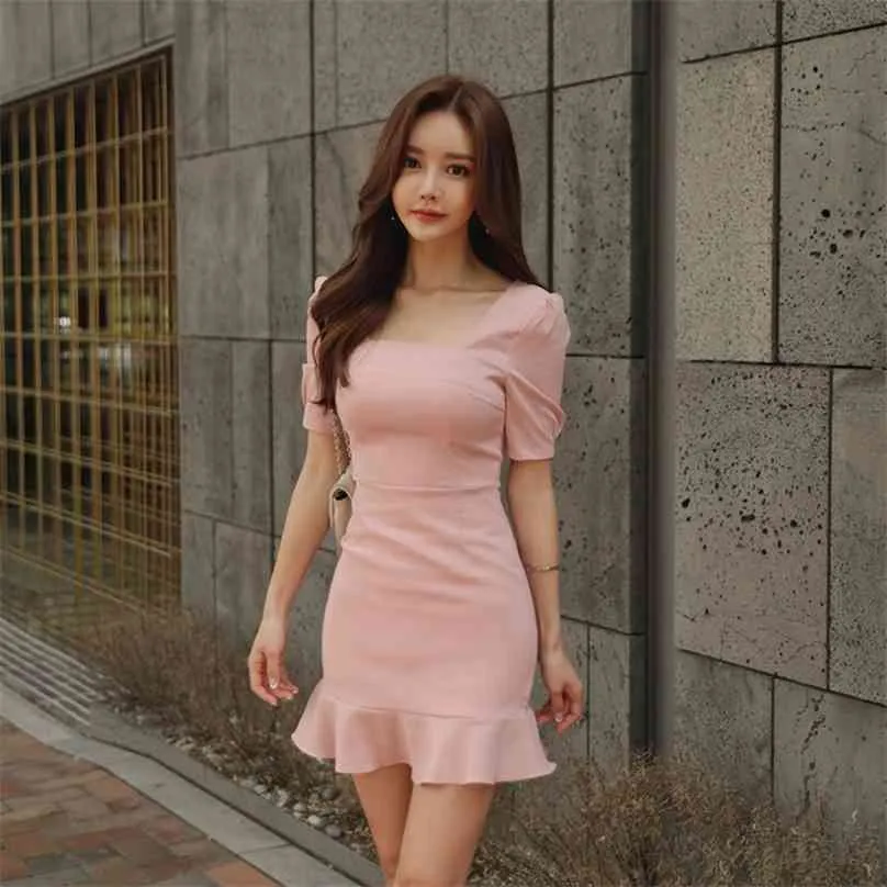 ピンクの女性のセックスドレス韓国レディース半袖スクエアネックオフィスパーティードレス女性服 210602
