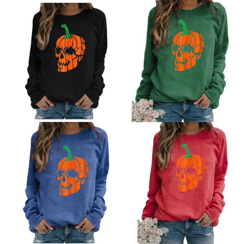 S-3XL Womens Holloween Pullover Hoodies Redondo Pescoço Pumpkin Ghost Impressão de Manga Longa Camisa Sweater Sweater Solto Sports Tops Casuais Tshirt Pano de Pares G89S5G1