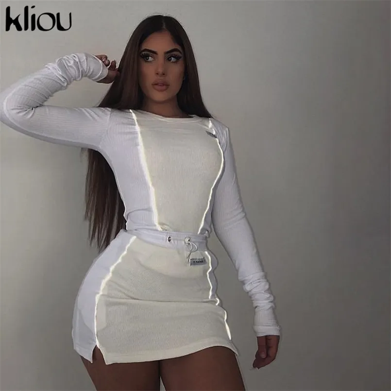 Kliou women fashion Reflective Striped patchwork two pieces set white full sleeve crop top bottom skirts outfit female clothing 211108