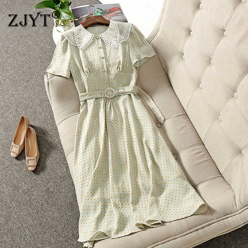 High Quality Europe Fashion Woman Clothes Runway Designers Summer Short Sleeve Lace Collar Print Sweet Casual Dress 210601