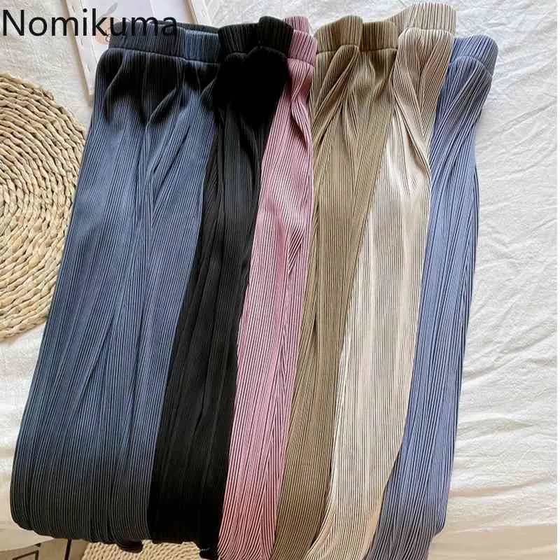 Nomikuma koreanska stil breda benbyxor kvinnor solid färg stretch hög midja byxor kvinnlig casual rakt lösa pantaloner femme 210514