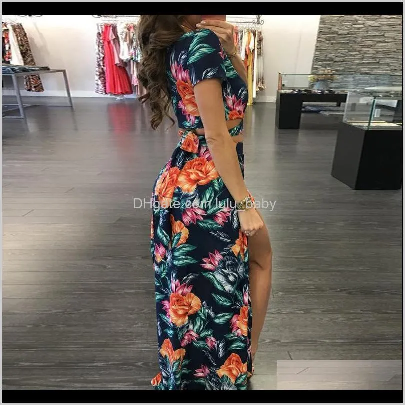 yjsfg house elegant women summer long maxi dresses two piece set sexy 2017 hollow out crop top skirts floral print 2 piece suits