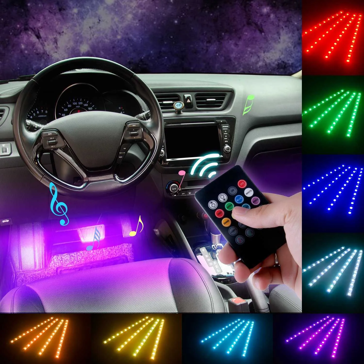 4大気ランプの内側の1車で48 LED室内装飾照明RGB 16色LEDワイヤレスリモコン5050チップ12V電荷チャーミングカー