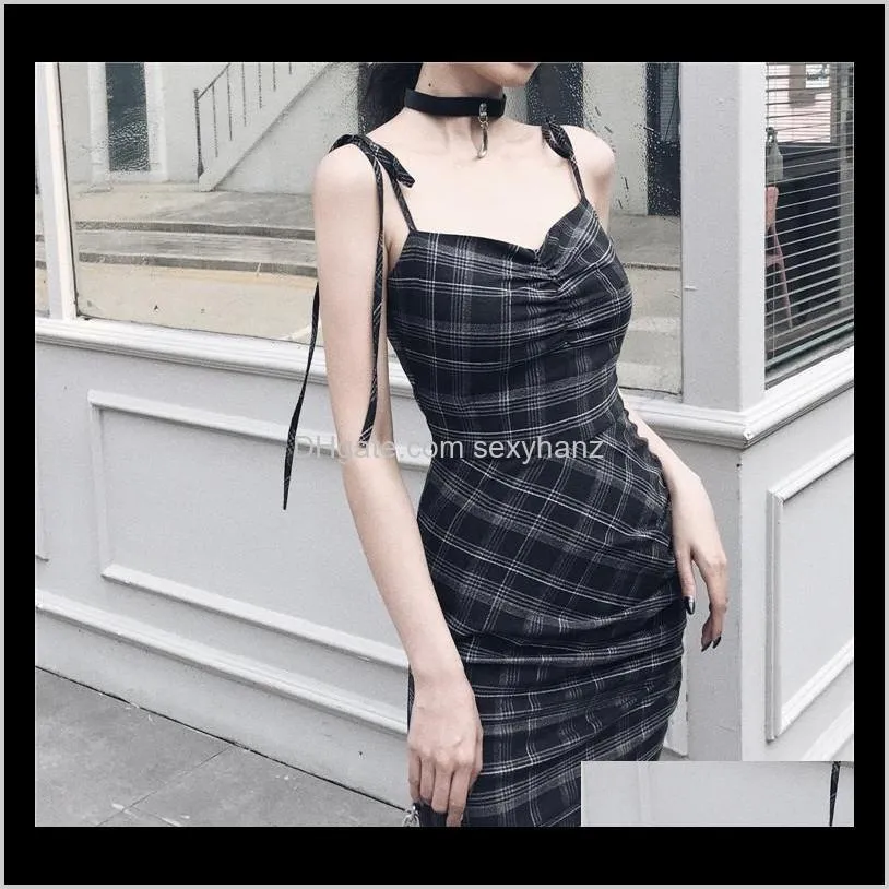 ruibbit punk gothic women summer black plaid sexy deep v-neck dress party club wear dark halter high waist split dresses elegant