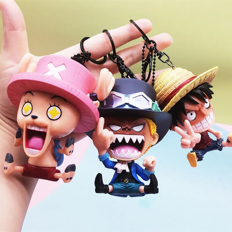 애니메이션 원피스 키 체인 Luffy Sanji Nami Zoro Chopper Frank Robin PVC 액션 피규어 소장 모델 펜던트 키 체인 장난감