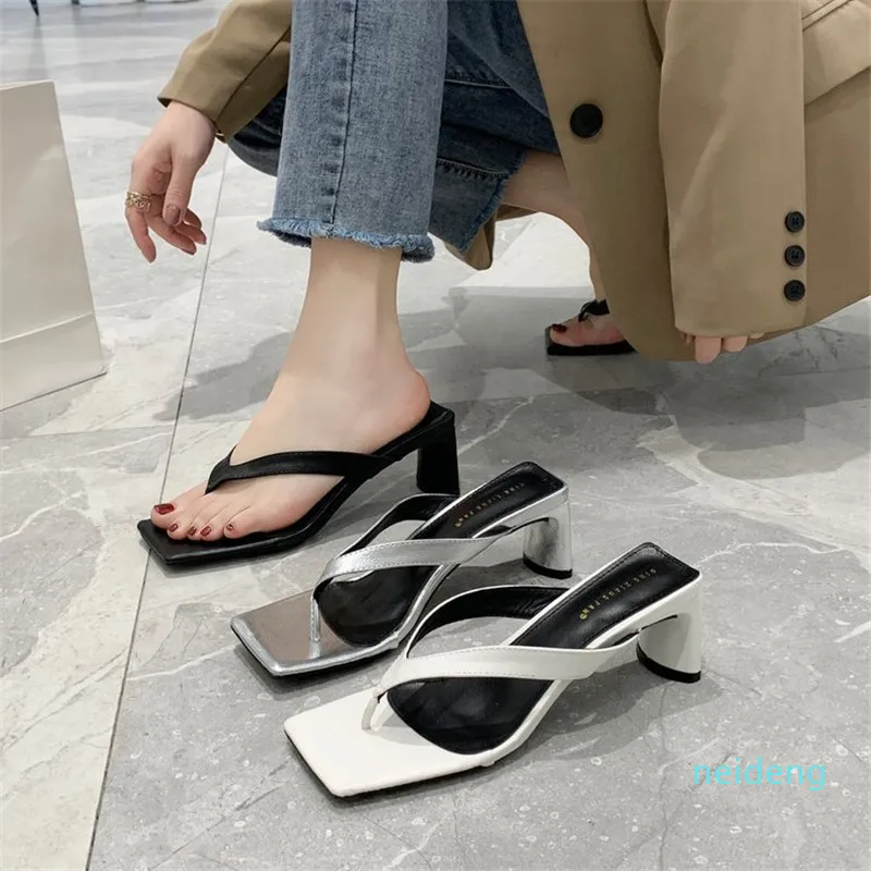 Women Sandalsprint Strappy Heels Sandals Slippers Women High Heels Flip Flops Square Toe Slides Party Shoes Woman Black 2021