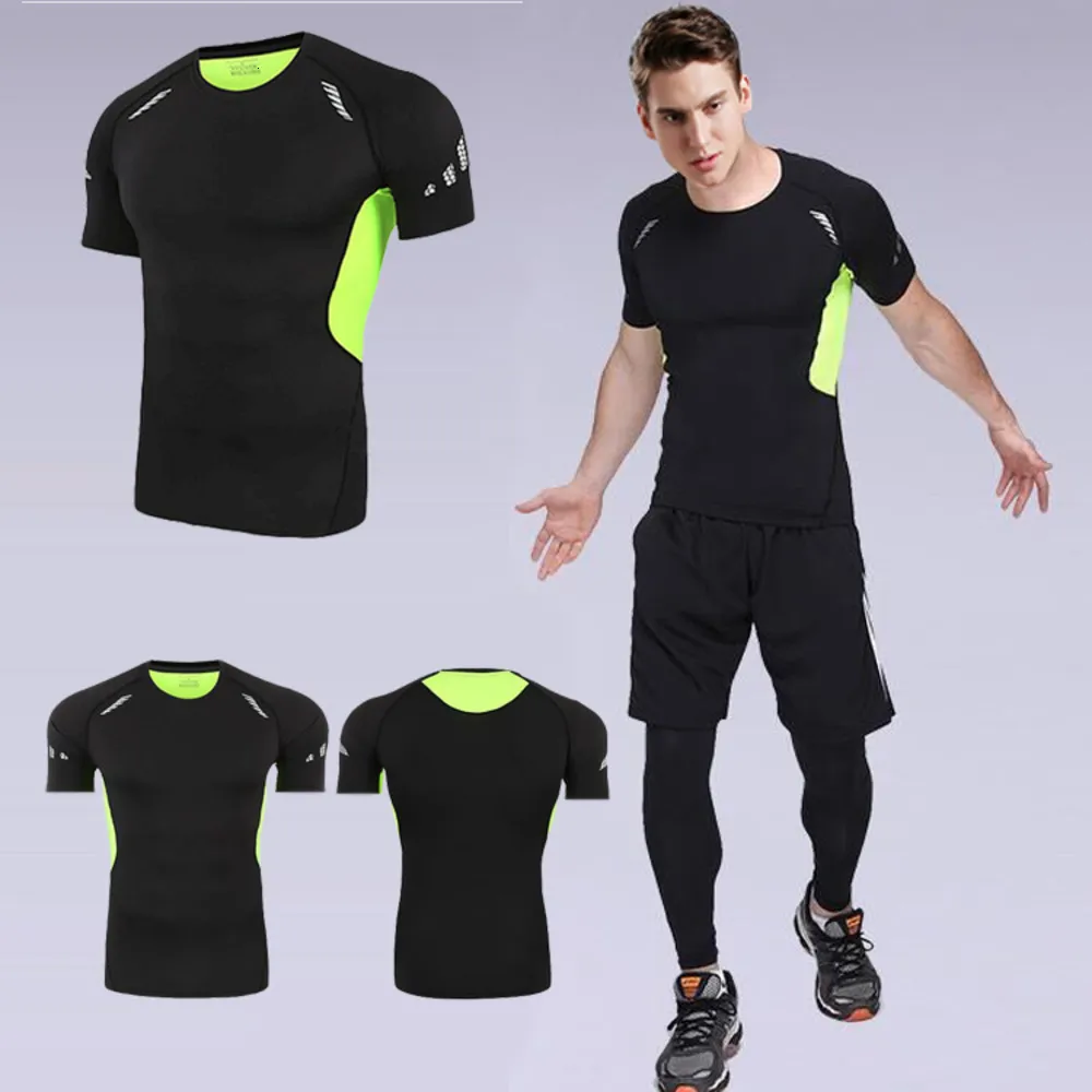 Men's fitness suit men's sports tights short sleeve stretch fitness suit T-shirt quick drying breathable basketball training suit X0322