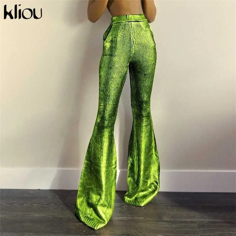 Kliou Ice Silk Boot Cut Pantaloni per le donne Hipster Oversize Simple Basic Abbigliamento Elastic High Weist Pantaloni casual streetwear 211112