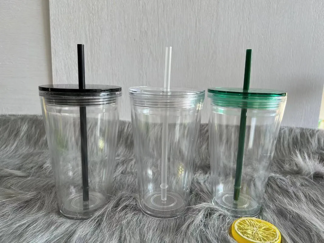 Mugs 2021 Flat Lid 470ml 473ml 480ml 16oz Clear Plastic Double Wall Tumbler With Straw Logo Black Green