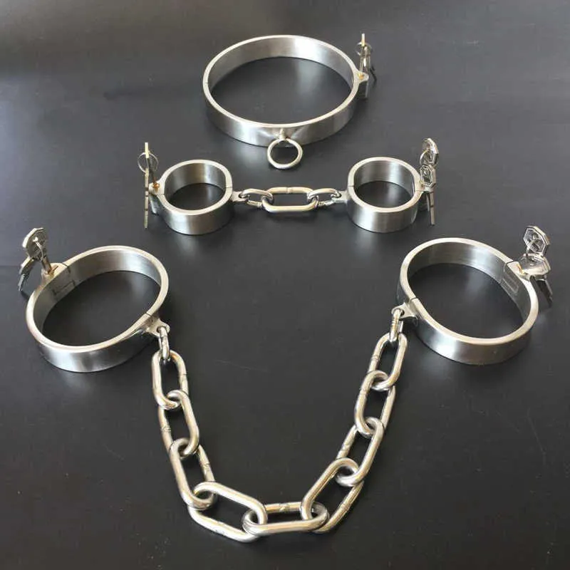 Stainless Steel Lockable Neck Collar Handcuffs Ankle Cuffs Slave BDSM Bondage Shackles Leg Irons Restraints Sex Toy For Couples Y200616