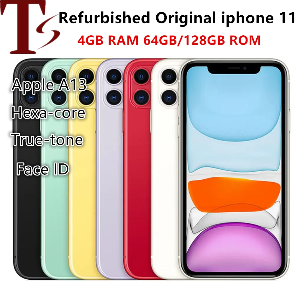 Orijinal Apple iPhone 11 64GB 128GB ROM Kilidi açılmış akıllı telefon yüzü Kimliği IOS A13 Çift 12MP Kamera 6.1 "1792 X 828 Ekran Yenilenmiş iPhone11 Cep Telefonu