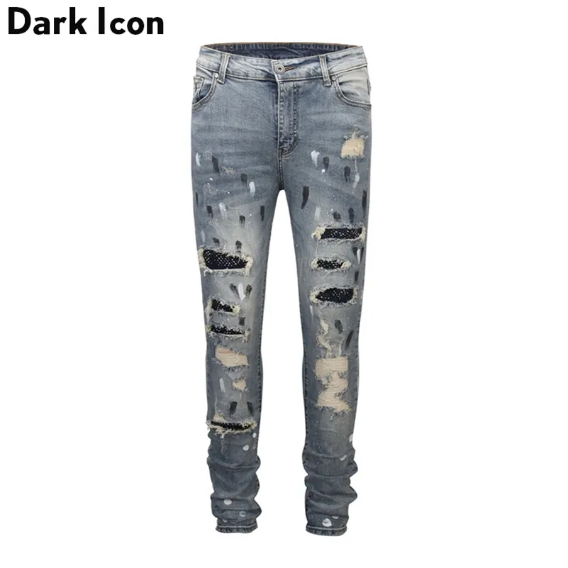 Icono oscuro revestimiento rasgado fit delgado jeans high street hombres de moda de altura de altura en la rodilla jeans pantses de mezclilla para hombres 2 colores 210331