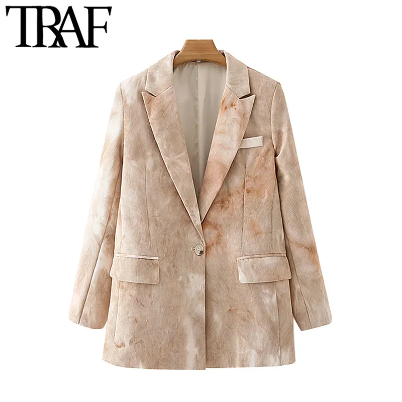 TRAF Women Fashion Tie dye Print Corduroy Blazer Coat Vintage Long Sleeve Pockets Female Outerwear Chic Tops 210415