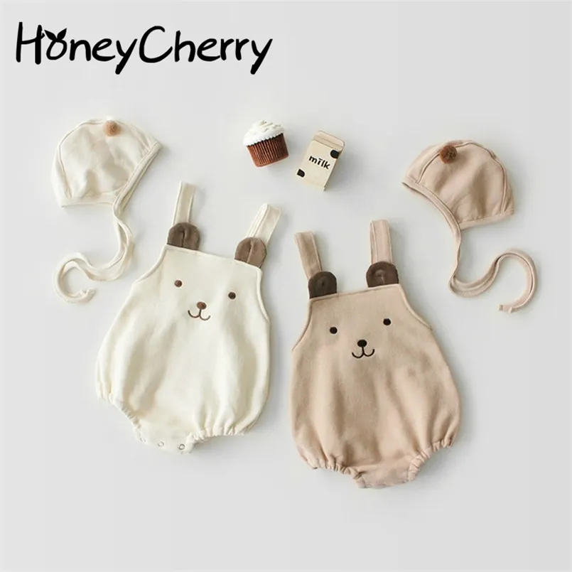 Baby Bodysuits Cute Bear Sleeveless Belt Cotton Hat-jacket + Hat For Infants Young Children Girl Clothes 210702