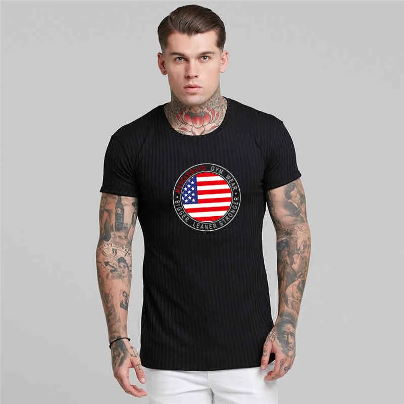 MuscleGuys Gebreide Tshirt Fitness Tee Shirt Homme Heren Korte Mouw Zomer Mode Merk Kleding Mannelijke Gyms T-shirt 210421