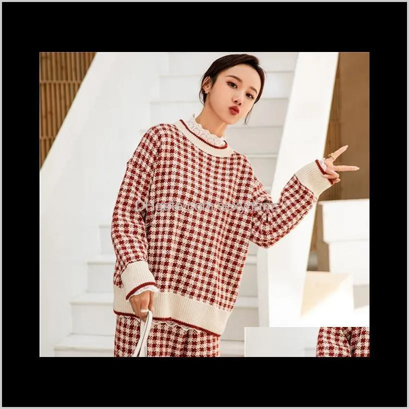 2021 women red striped knitted tracksuits warm o neck sweater+ trousers 2 pieces sets outfits comfortable lounge wear