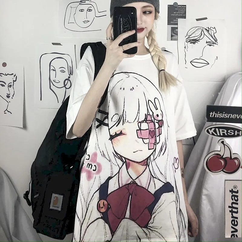 Anime Kız Görüntü Baskı Kadınlar Tops Tişörtleri Kore Tarzı T-Shirt Yaz Tatlı Moda T Shirt Tiki Çift Giysi O-Boyun Tee Y0508