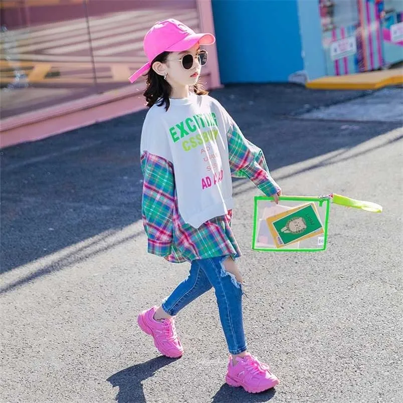 Teen Girls White Hoodies Autumn Kids Outfit Cartoon Plaid Fashion Sweatshirt Patchwork Top Size 8 10 12 14 Years Teenagers 211111