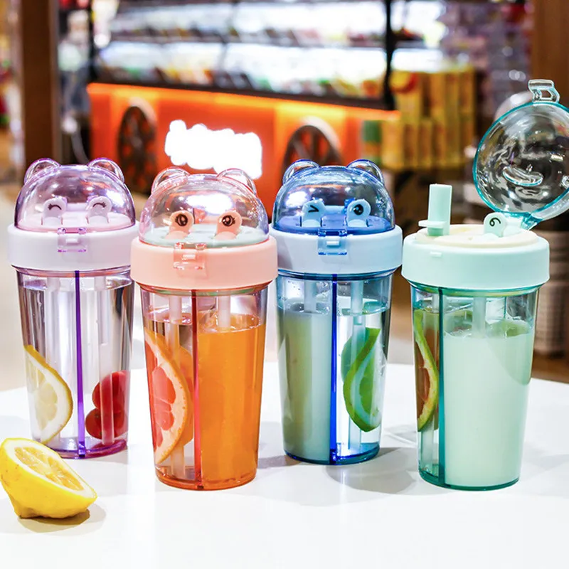 2021 Çift içme bardaklar yaratıcı plastik saman fincan öğrenci çift bardak hediye su şişeleri 4 renkler