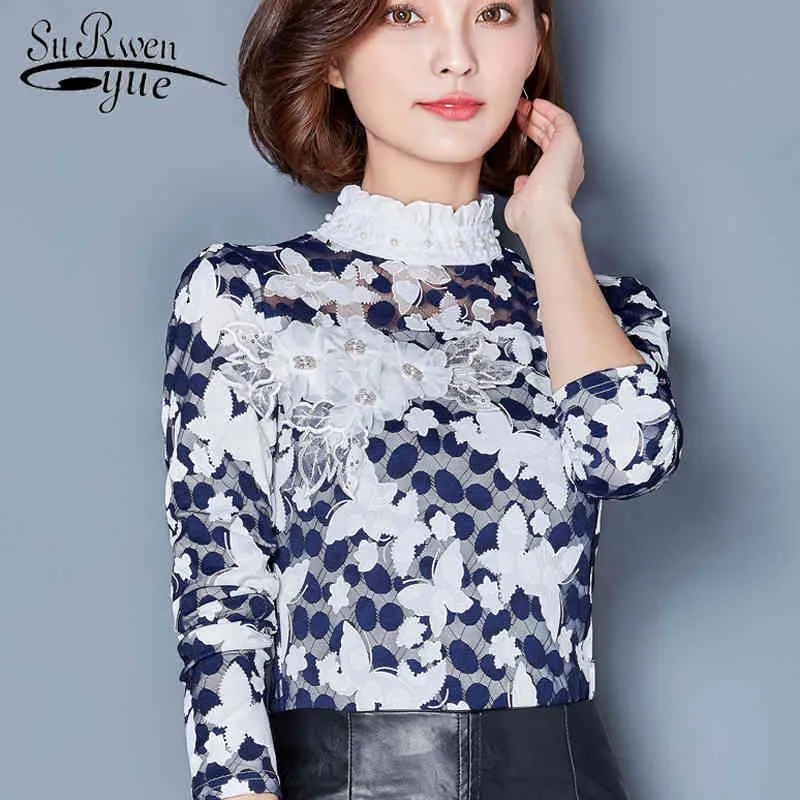 Automne Lace Floral Print Femmes Tops and Blouses Mariffon Chiffes pour femmes Elegant Fashion Long Sleeves Blouse Féminine 0928 40 210521