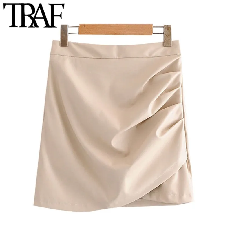 TRAF女性シックなファッションフェイクレザープリーツミニスカートビンテージハイウエストバックジッパー女性スカートMujer 210415