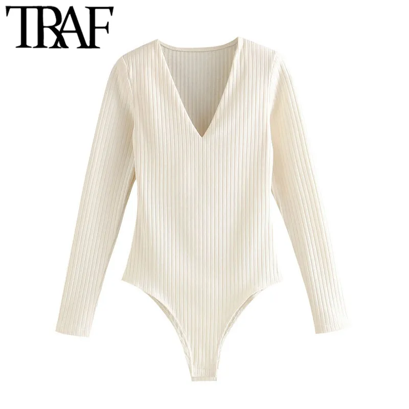 Traf Women Fashion z podkładkami na ramionach bodysuit snap-gutton vintage v szyja Długie rękawe samice eleganckie topy 210415