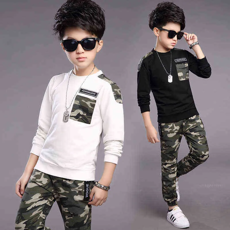 Höstpojkar Camouflage Passar Sport Sweatshirts + Byxor Barnkläder Satser Kids Tracksuits Teen Boy Sportkläder Jul Outfit G220310