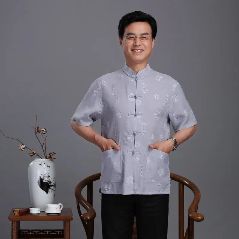 Tang kostym skjorta mens kinesisk stil traditionell casual shirts män kung fu enhetlig linne t-shirt Mandarin krage kortärmad 210524